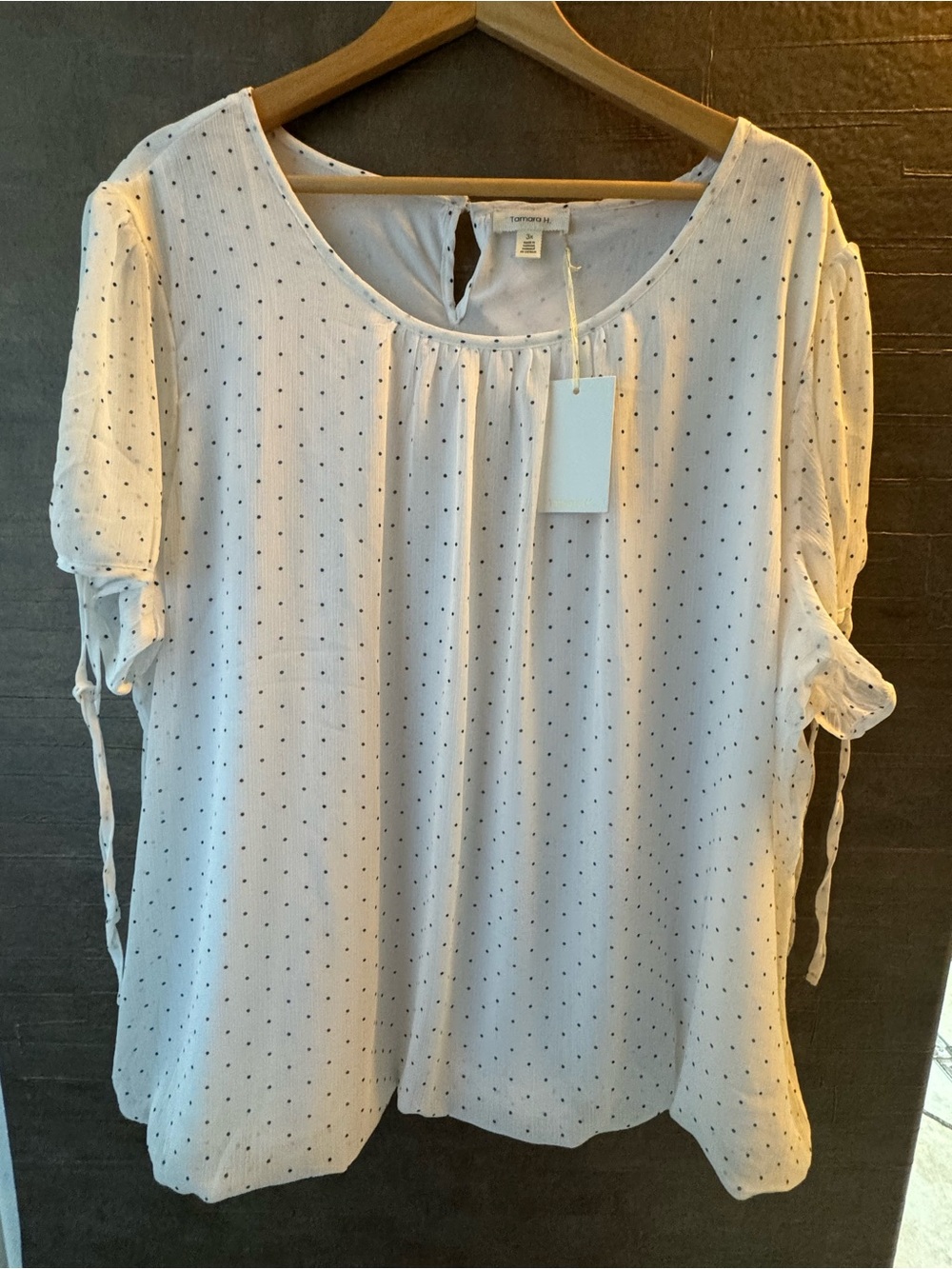 White with black Dot Tie-Sleeve Blouse - Casual Women's Top